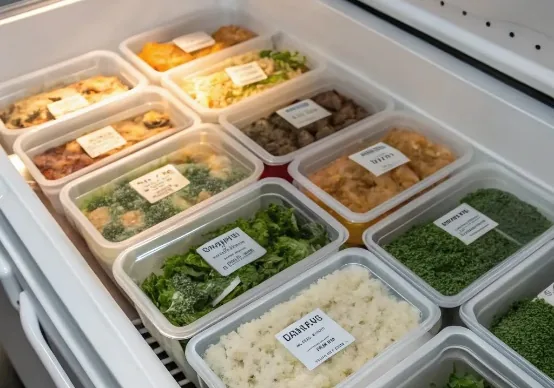 Congélateur coffre ouvert, rempli de plats préparés étiquetés